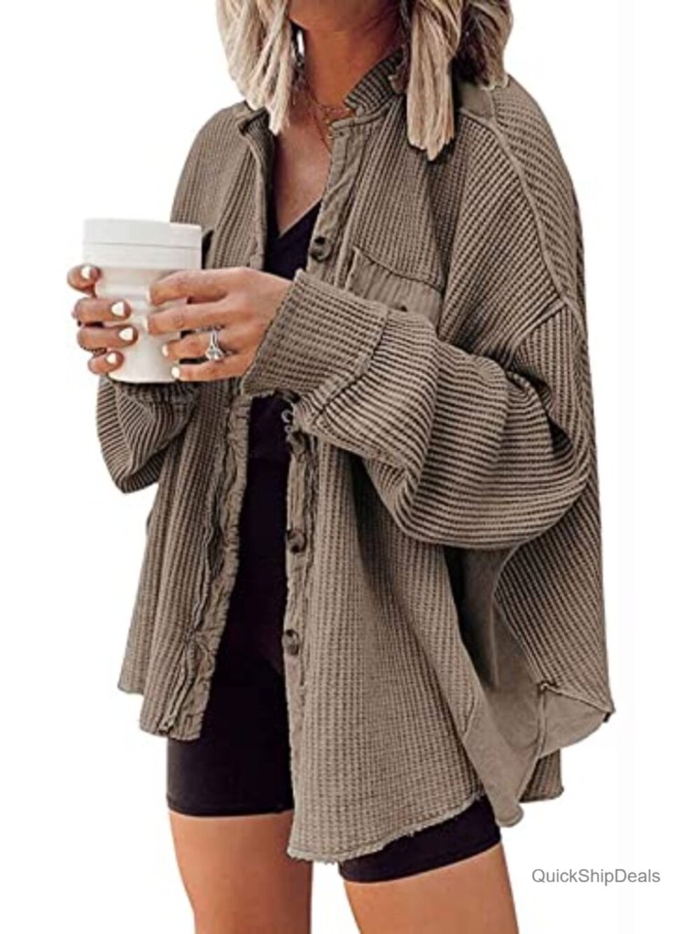 Oversized Waffle Knit Shacket Button Down Long Sleeve Shirt